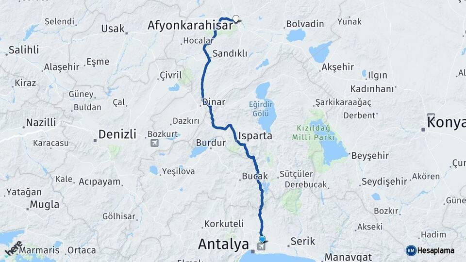 Antalya Aksu Afyonkarahisar Arası Kaç Km - Yol Haritası