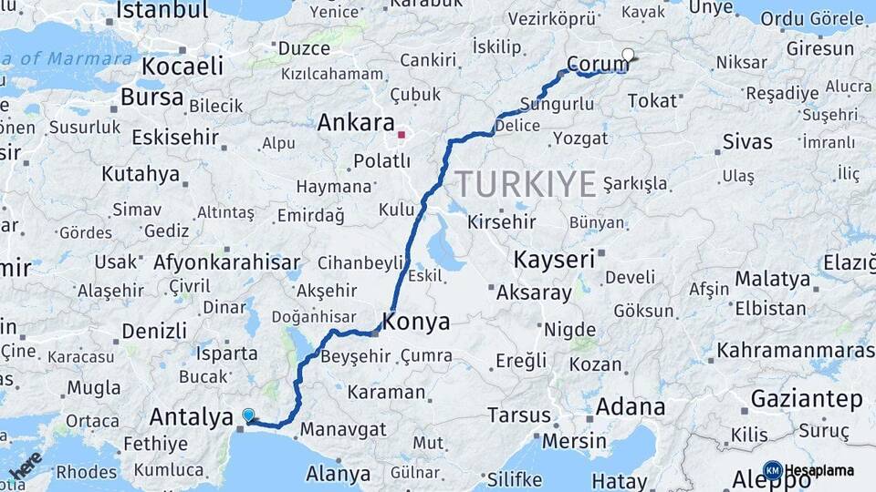 Antalya Aksu Amasya Arası Kaç Km - Yol Haritası