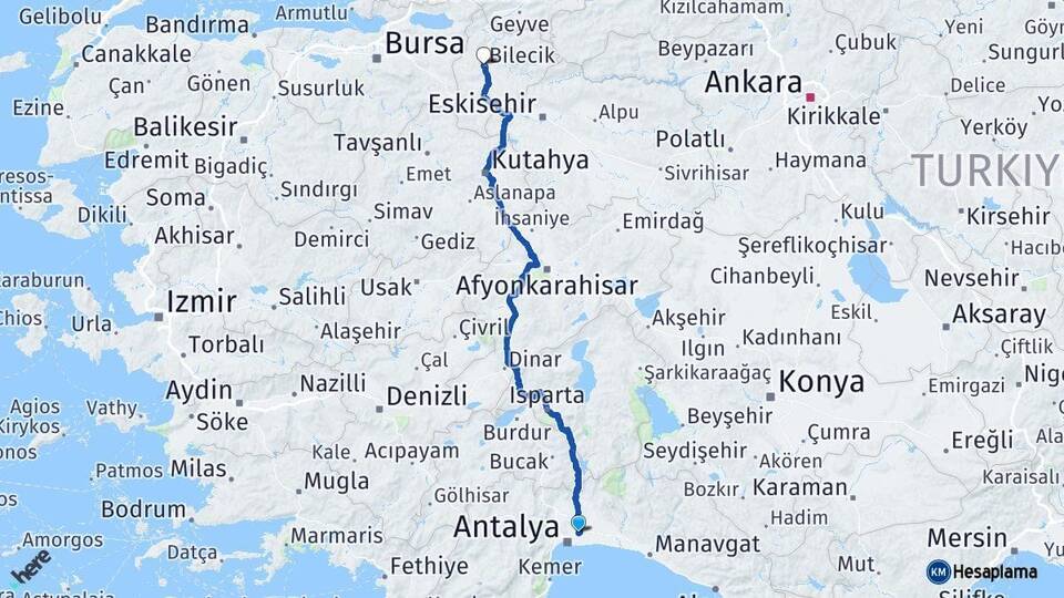 Antalya Aksu Bilecik Arası Kaç Km - Yol Haritası