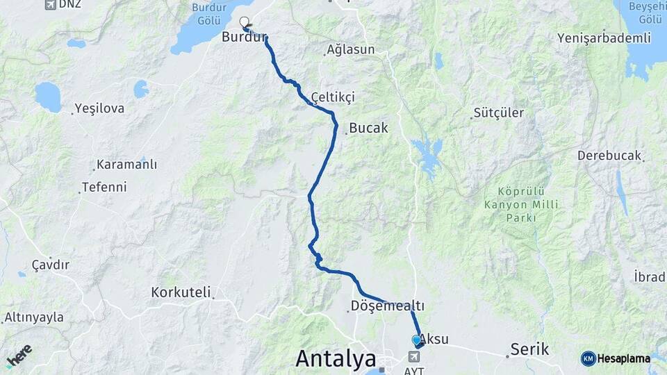Antalya Aksu Burdur Arası Kaç Km - Yol Haritası