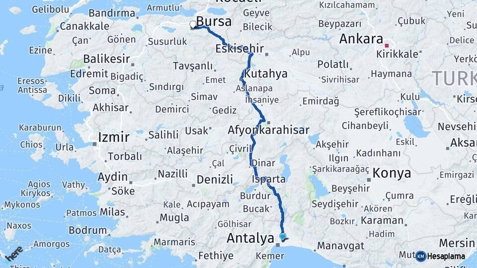 Antalya Aksu Bursa Arası Kaç Km - Yol Haritası