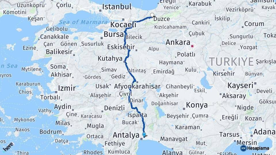Antalya Aksu Düzce Arası Kaç Km - Yol Haritası