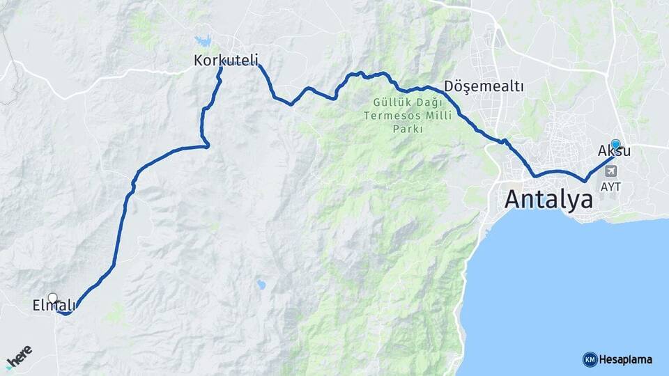 Antalya Aksu Elmalı Arası Kaç Km - Yol Haritası