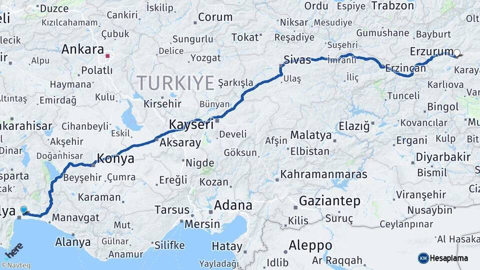 Antalya Aksu Erzurum Arası Kaç Km - Yol Haritası