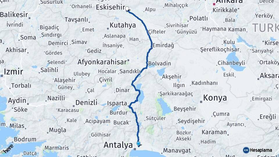 Antalya Aksu Eskişehir Arası Kaç Km - Yol Haritası