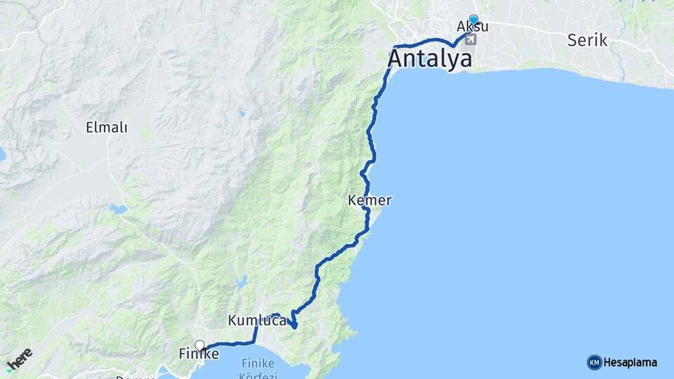 Antalya Aksu Finike Arası Kaç Km - Yol Haritası