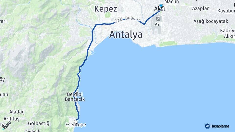 Antalya Aksu Göynük Kemer Arası Kaç Km - Yol Haritası