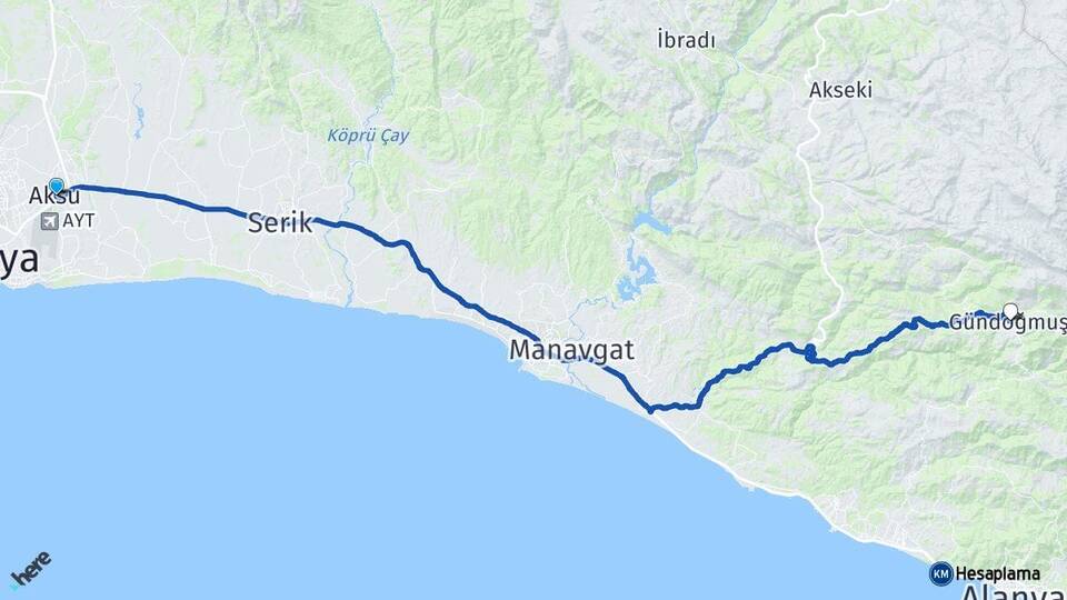 Antalya Aksu Gündoğmuş Arası Kaç Km - Yol Haritası