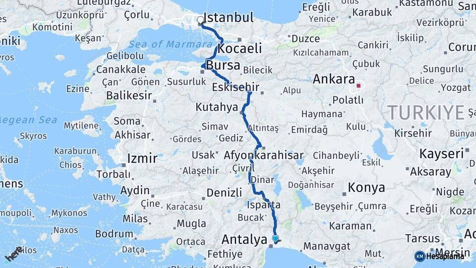 Antalya Aksu İstanbul Arası Kaç Km - Yol Haritası