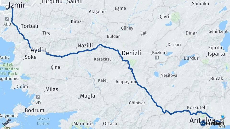 Antalya Aksu İzmir Arası Kaç Km - Yol Haritası