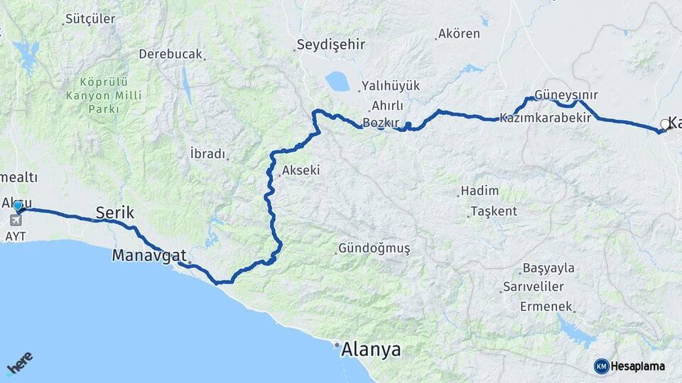 Antalya Aksu Karaman Arası Kaç Km - Yol Haritası