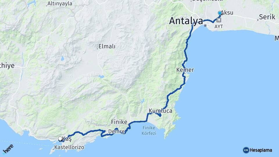 Antalya Aksu Kaş Arası Kaç Km - Yol Haritası