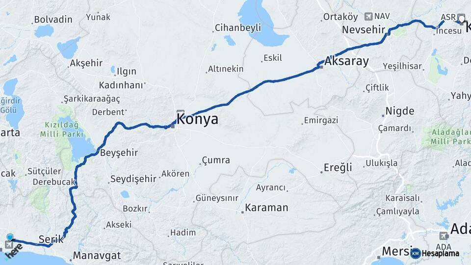Antalya Aksu Kayseri Arası Kaç Km - Yol Haritası