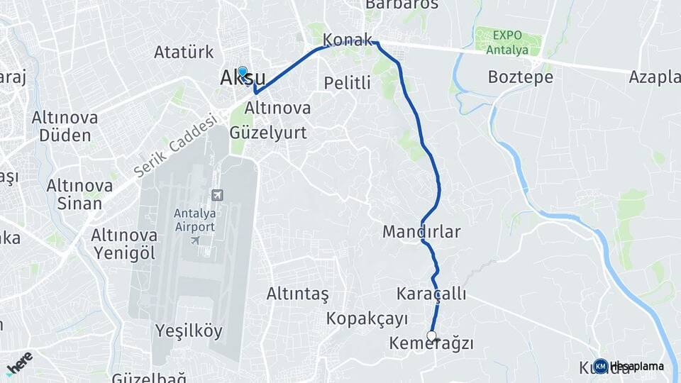 Antalya Aksu Kemerağzı Aksu Arası Kaç Km - Yol Haritası