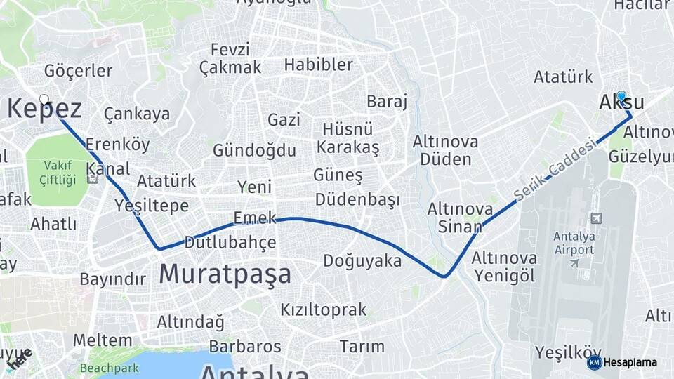 Antalya Aksu Kepez Arası Kaç Km - Yol Haritası