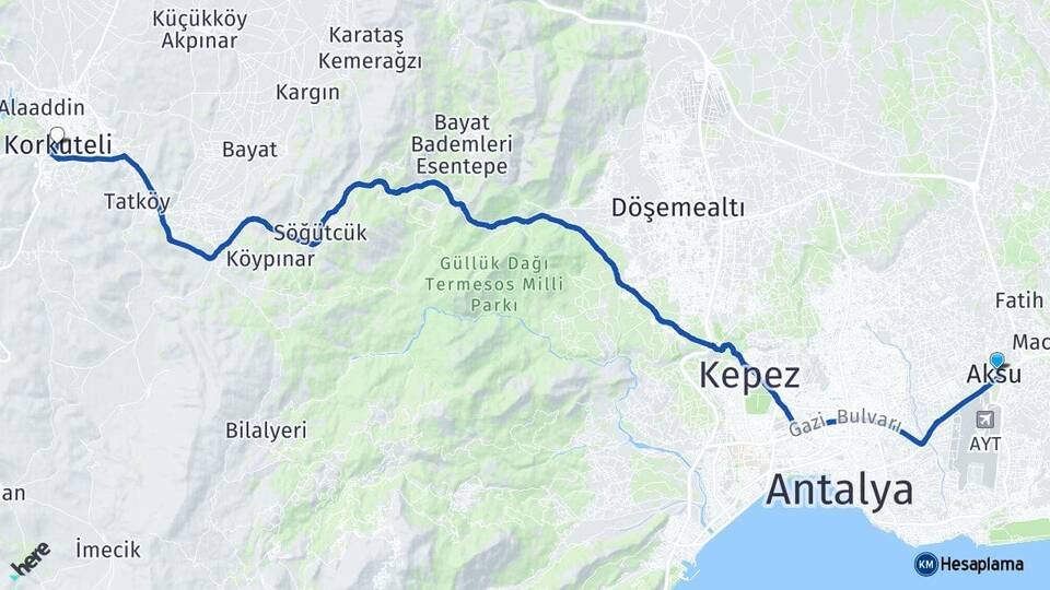 Antalya Aksu Korkuteli Arası Kaç Km - Yol Haritası