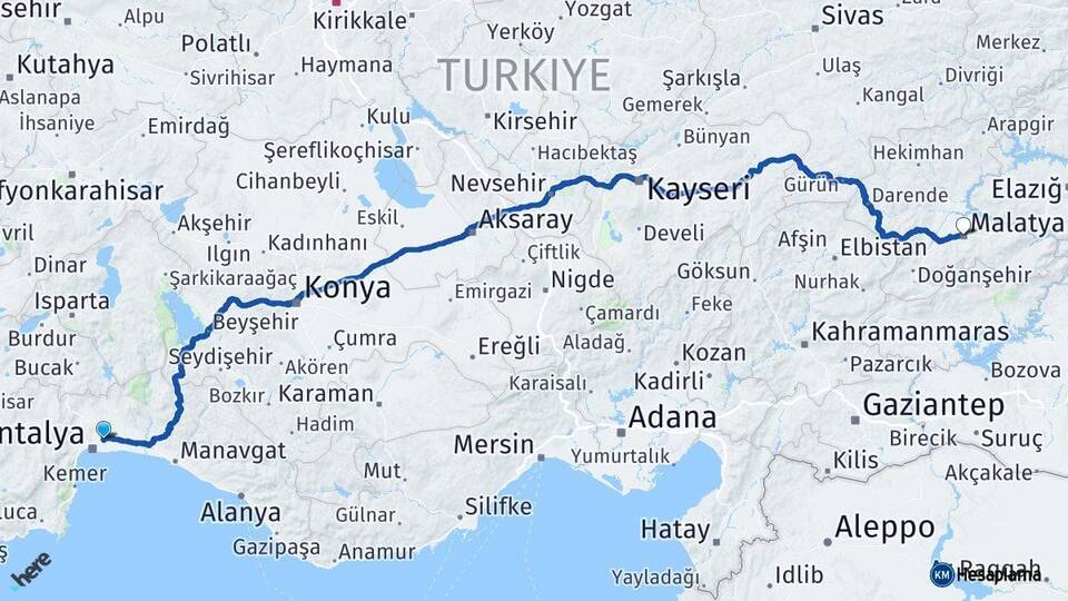 Antalya Aksu Malatya Arası Kaç Km - Yol Haritası