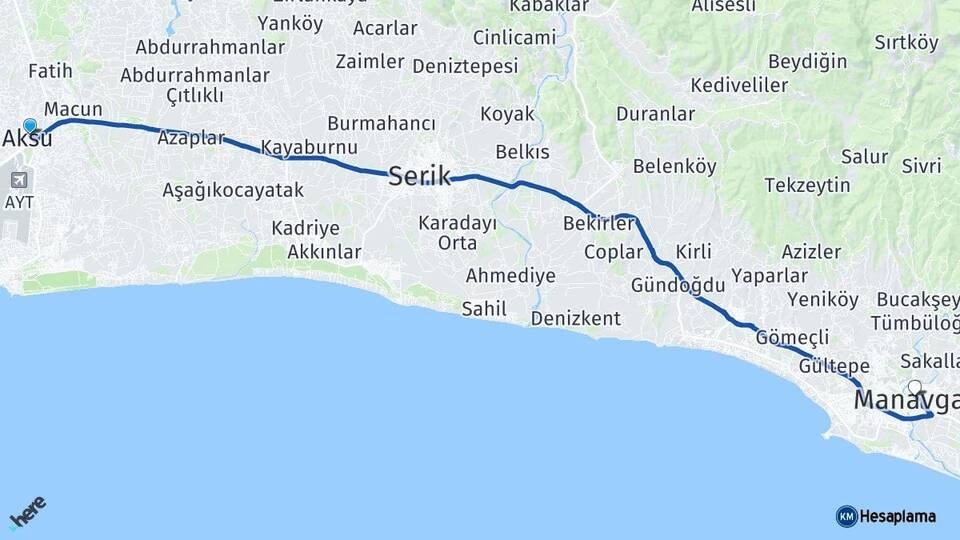 Antalya Aksu Manavgat Arası Kaç Km - Yol Haritası