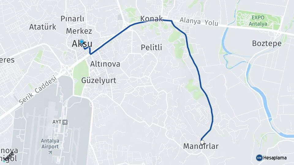 Antalya Aksu Mandırlar Aksu Arası Kaç Km - Yol Haritası