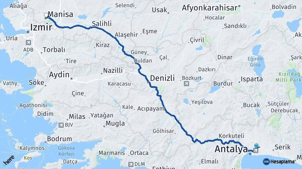 Antalya Aksu Manisa Arası Kaç Km - Yol Haritası