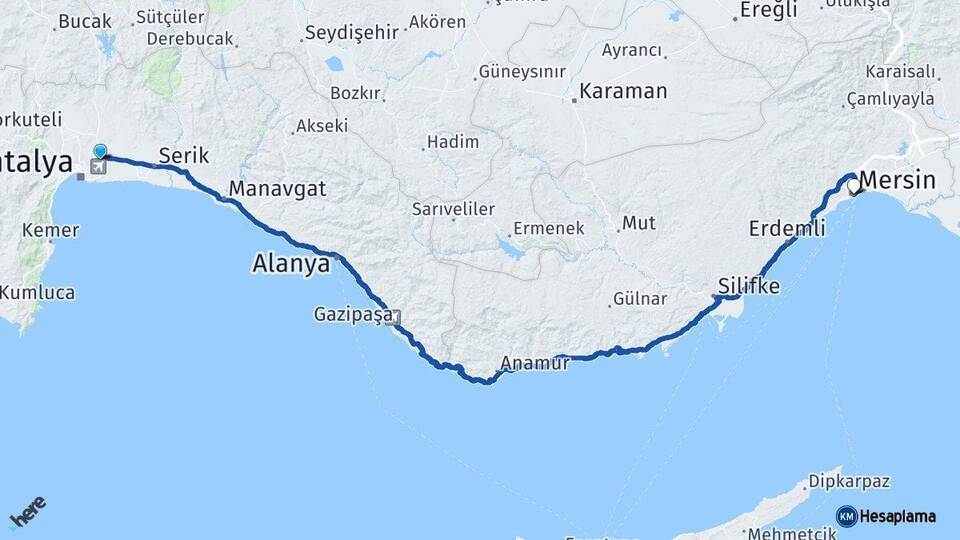 Antalya Aksu Mersin Arası Kaç Km - Yol Haritası