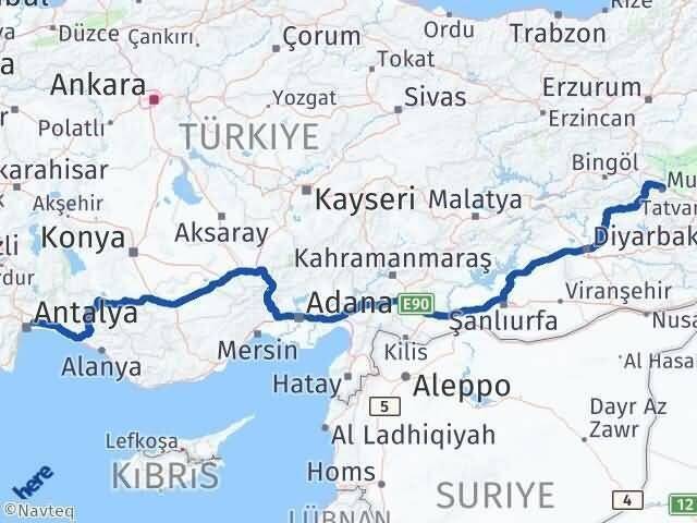 Antalya Aksu Muş Arası Kaç Km - Yol Haritası