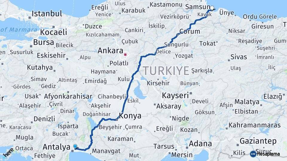 Antalya Aksu Samsun Arası Kaç Km - Yol Haritası