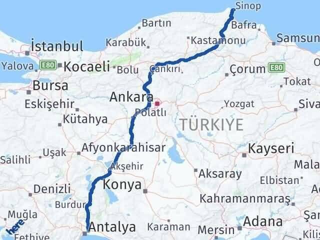 Antalya Aksu Sinop Arası Kaç Km - Yol Haritası