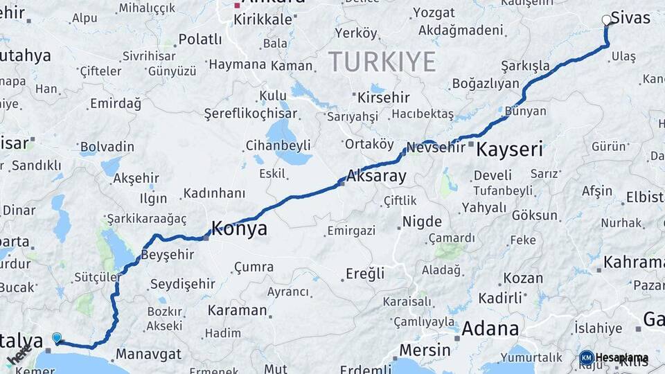 Antalya Aksu Sivas Arası Kaç Km - Yol Haritası