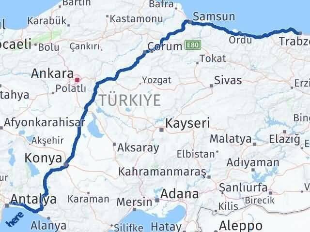 Antalya Aksu Trabzon Arası Kaç Km - Yol Haritası