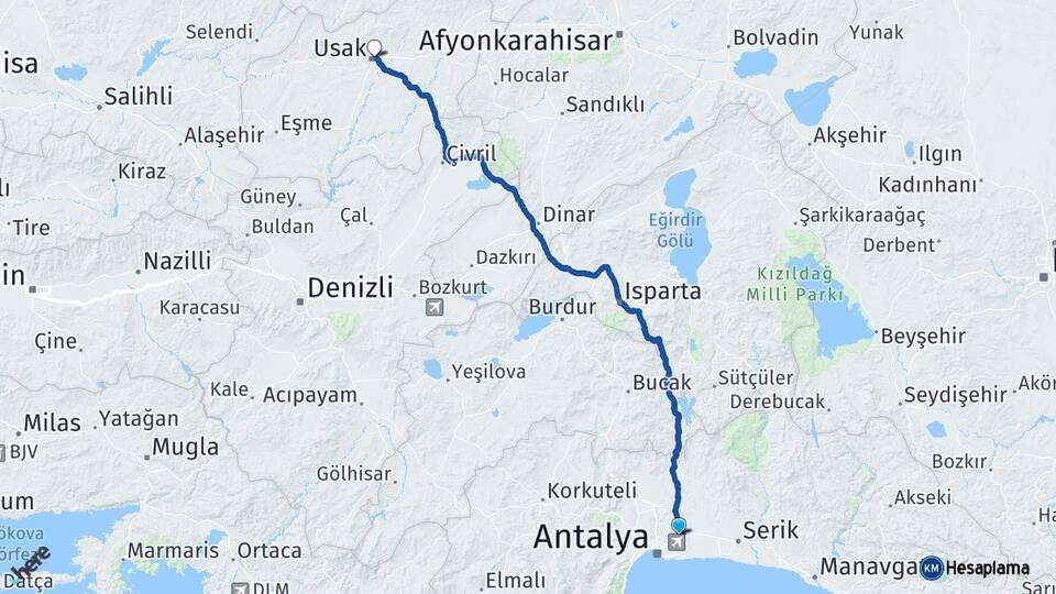 Antalya Aksu Uşak Arası Kaç Km - Yol Haritası