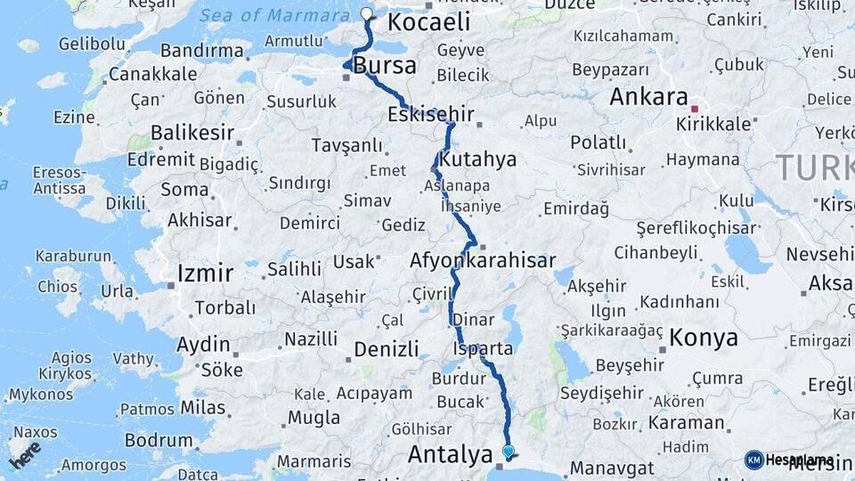 Antalya Aksu Yalova Arası Kaç Km - Yol Haritası