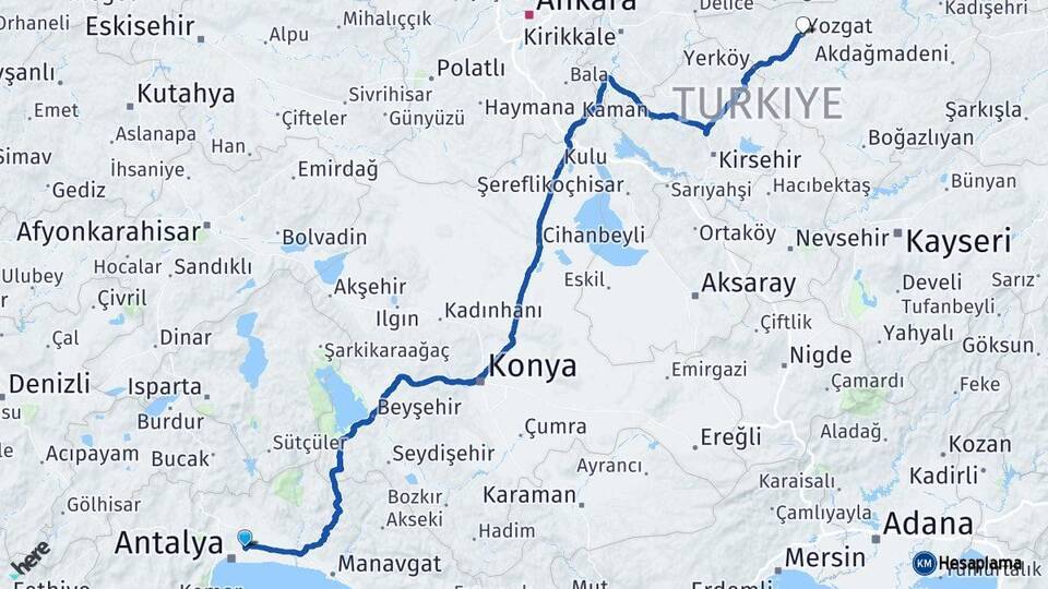 Antalya Aksu Yozgat Arası Kaç Km - Yol Haritası