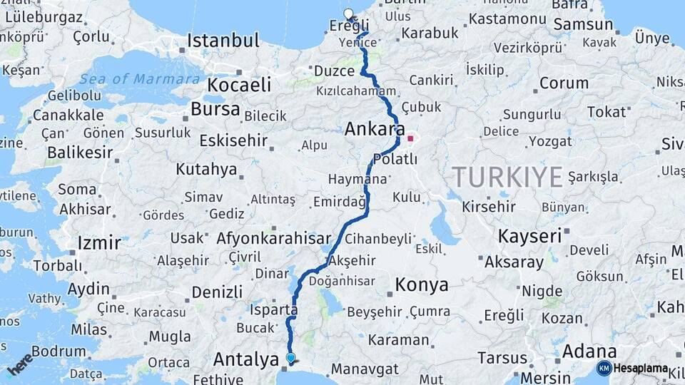 Antalya Aksu Zonguldak Arası Kaç Km - Yol Haritası