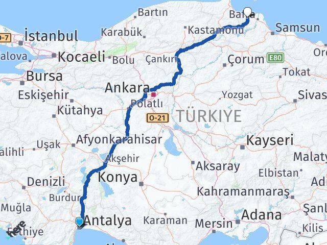 Antalya Alaçam Samsun Arası Kaç Km - Yol Haritası