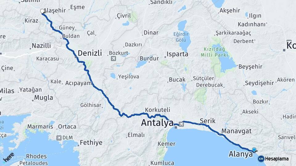 Antalya Alanya Alaşehir Manisa Arası Kaç Km - Yol Haritası