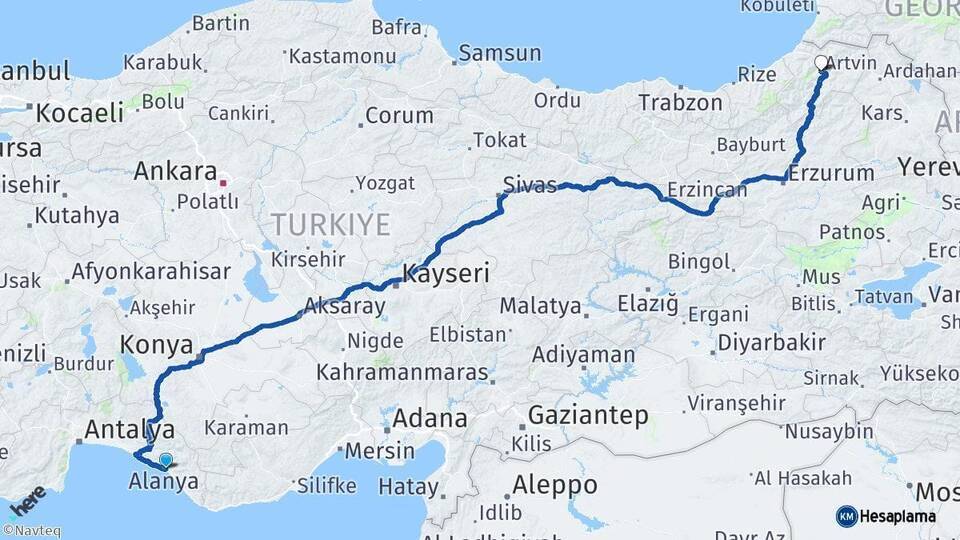 Alanya Artvin Arası Kaç Km - Yol Tarifi