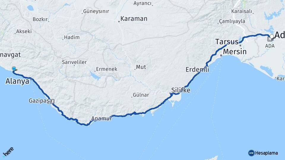 Antalya Alanya Avsallar Adana Arası Kaç Km - Yol Haritası