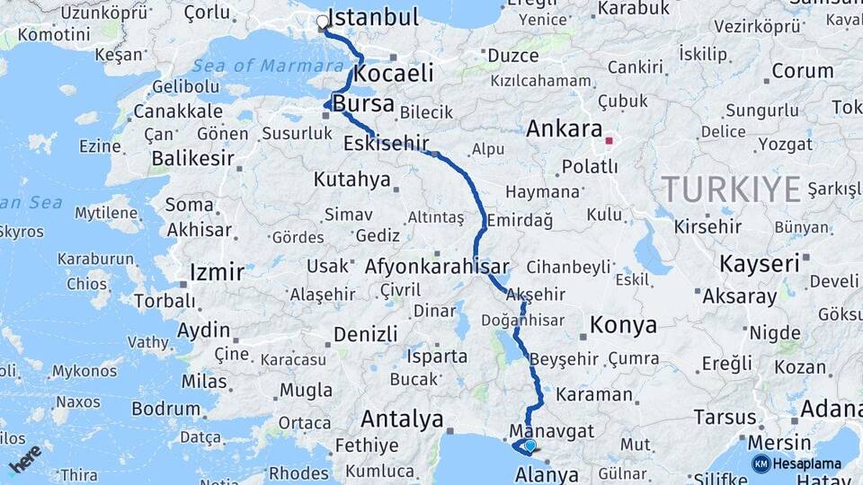 Antalya Alanya Avsallar İstanbul Arası Kaç Km - Yol Haritası