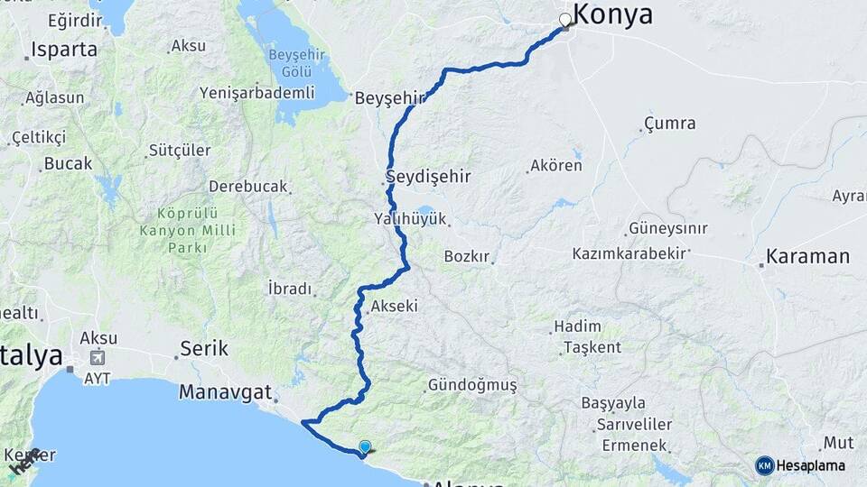 Antalya Alanya Avsallar Konya Arası Kaç Km - Yol Haritası