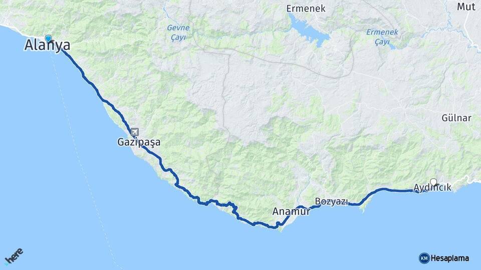 Antalya Alanya Aydıncık Mersin Arası Kaç Km - Yol Haritası