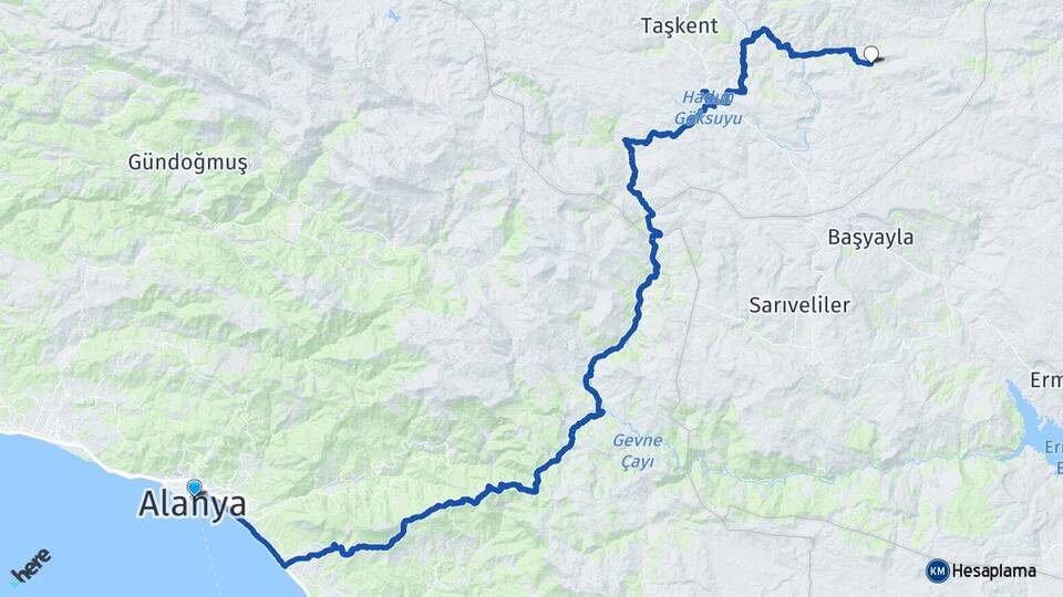 Antalya Alanya Balcılar Taşkent Konya Arası Kaç Km - Yol Haritası