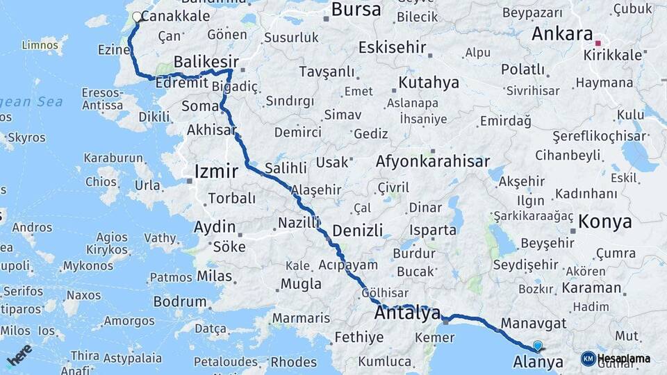 Antalya Alanya Çanakkale Arası Kaç Km - Yol Haritası