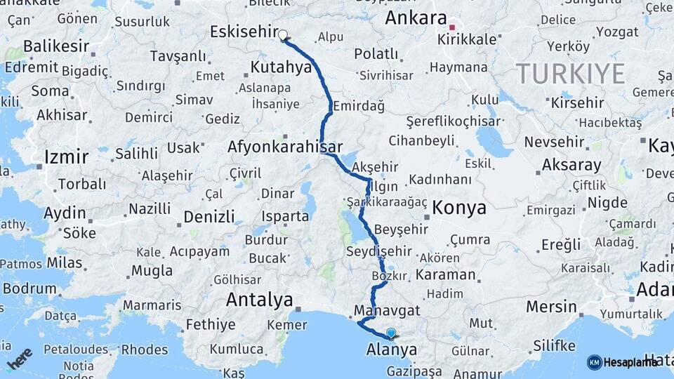 Antalya Alanya Eskişehir Arası Kaç Km - Yol Haritası