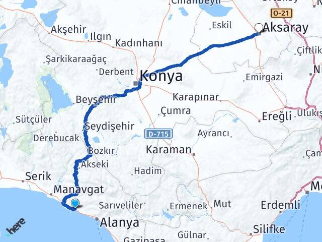 Antalya Alanya İncekum Aksaray Arası Kaç Km - Yol Haritası