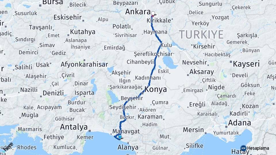 Antalya Alanya İncekum Ankara Arası Kaç Km - Yol Haritası