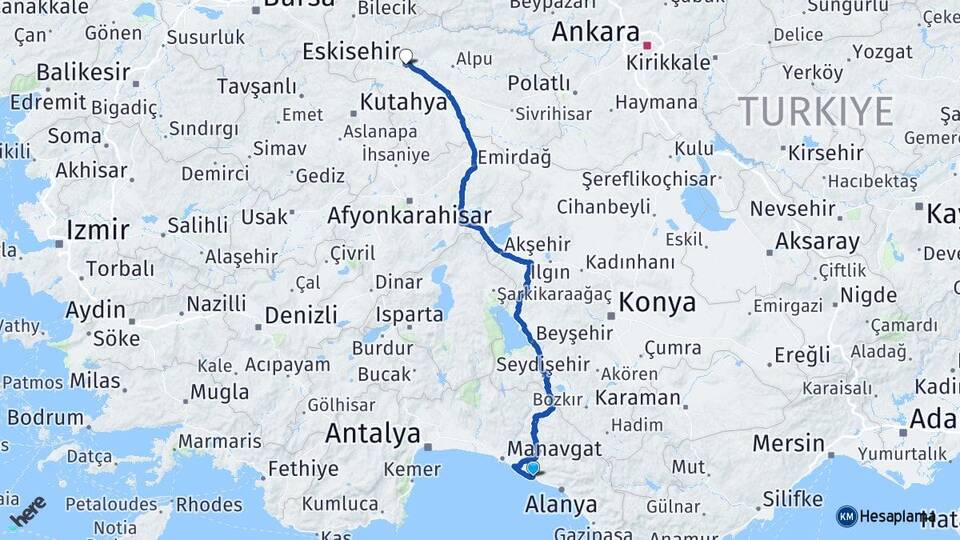 Antalya Alanya İncekum Eskişehir Arası Kaç Km - Yol Haritası