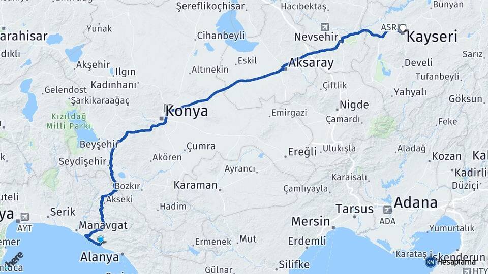 Antalya Alanya İncekum Kayseri Arası Kaç Km - Yol Haritası