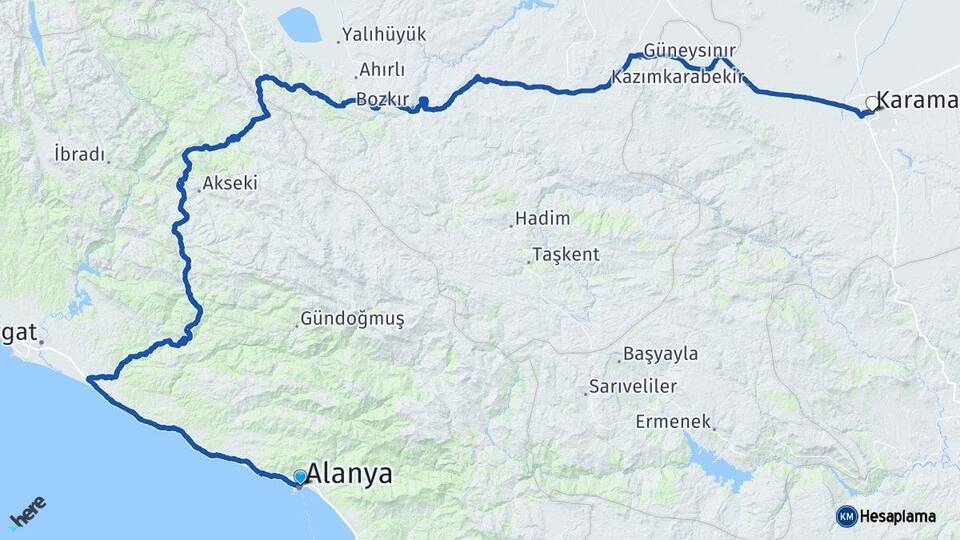 Antalya Alanya Karaman Arası Kaç Km - Yol Haritası