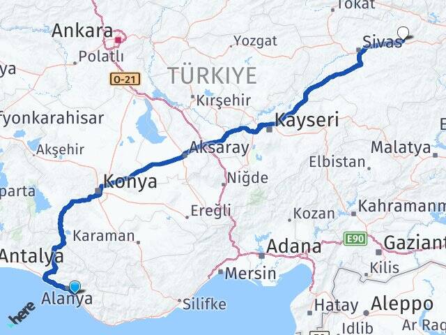 Antalya Alanya Kargıcak Zara Sivas Arası Kaç Km - Yol Haritası